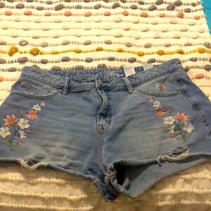 Size 14 Blue Jean shorts with pink and white flowers on thigh